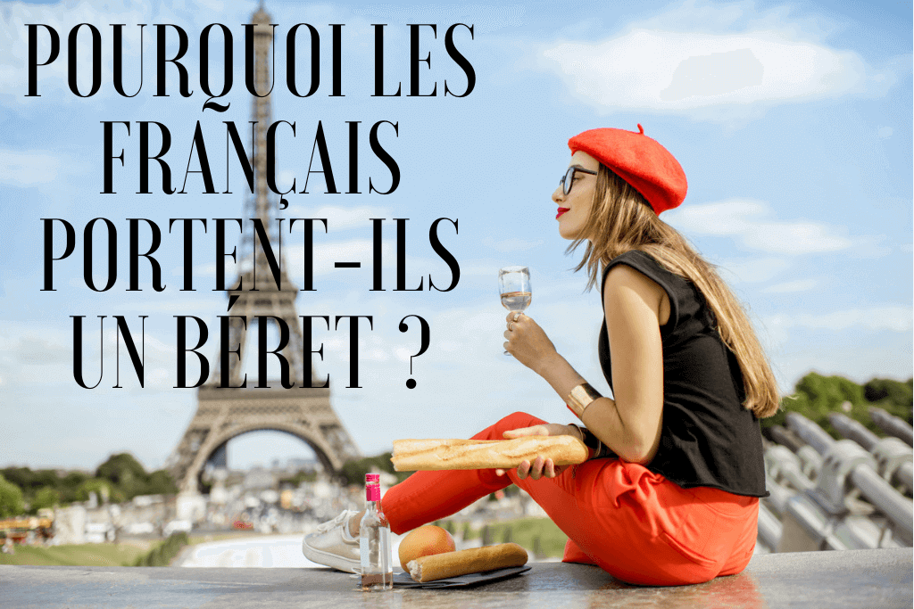 Femme avec béret rouge assise devant la tour Eiffel