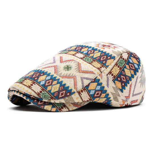Casquette Béret Beige en Coton à Motifs Aztèques