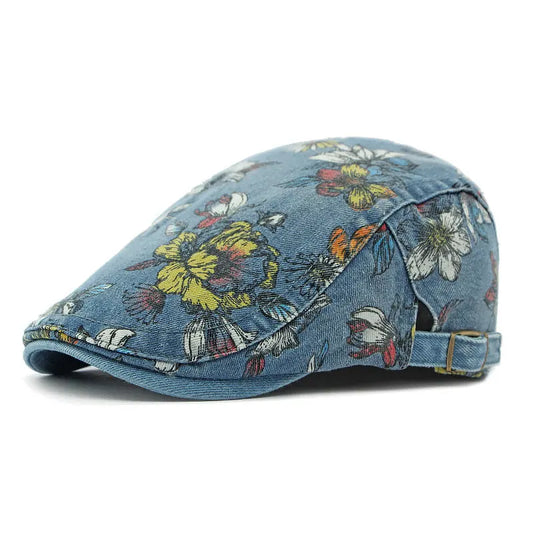 Casquette Béret Denim avec Motif à Fleur bleu