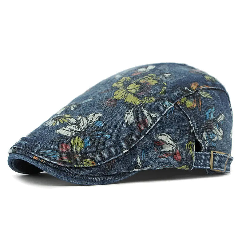 Casquette Béret Denim avec Motif à Fleur bleu foncé