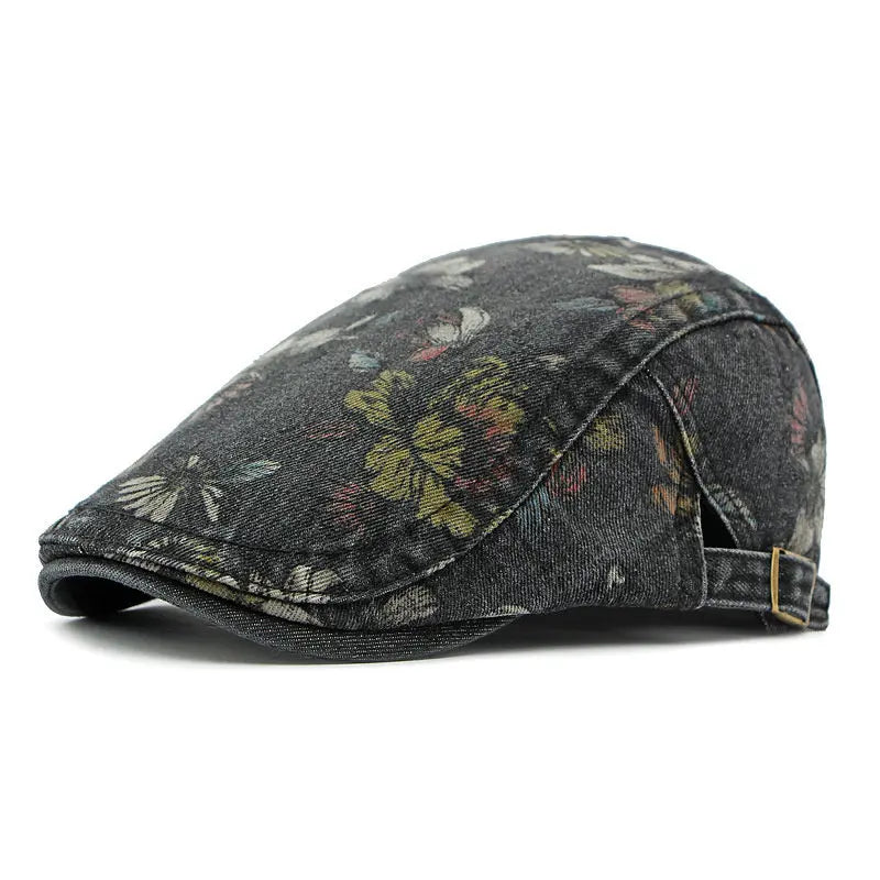 Casquette Béret Denim noire avec Motif à Fleur