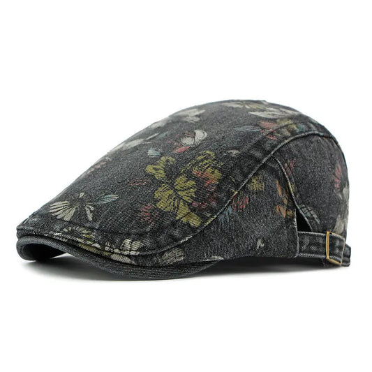 Casquette Béret Denim noire avec Motif à Fleur