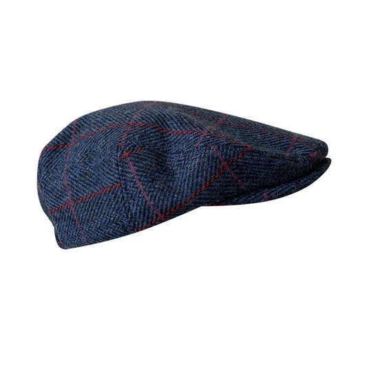 Casquette plate bleu marine à carreaux en laine
