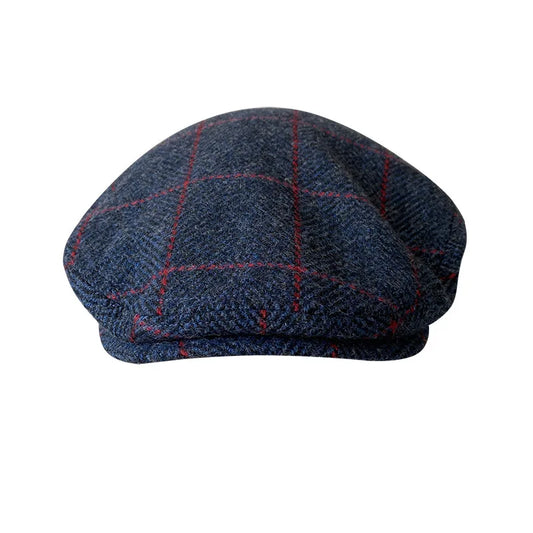 Casquette plate bleu marine à carreaux en laine
