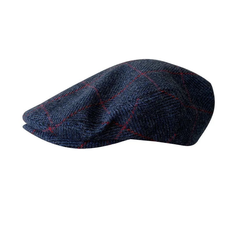 Casquette plate bleu marine à carreaux en laine
