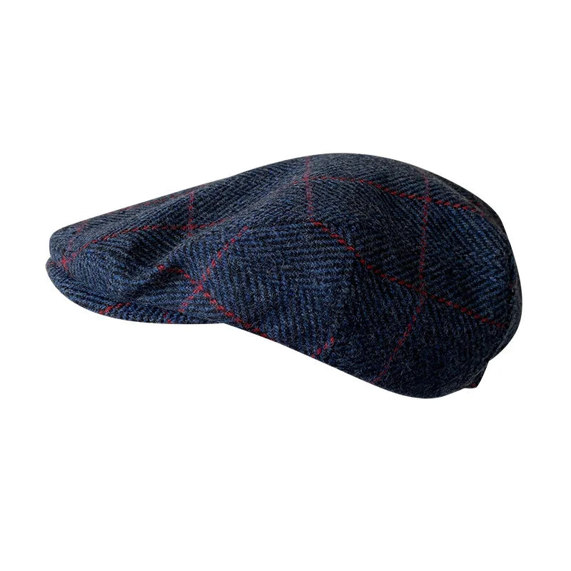 Casquette plate bleu marine à carreaux en laine