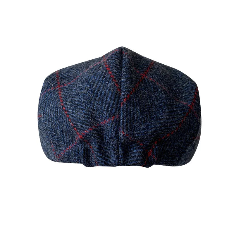 Casquette plate bleu marine à carreaux en laine