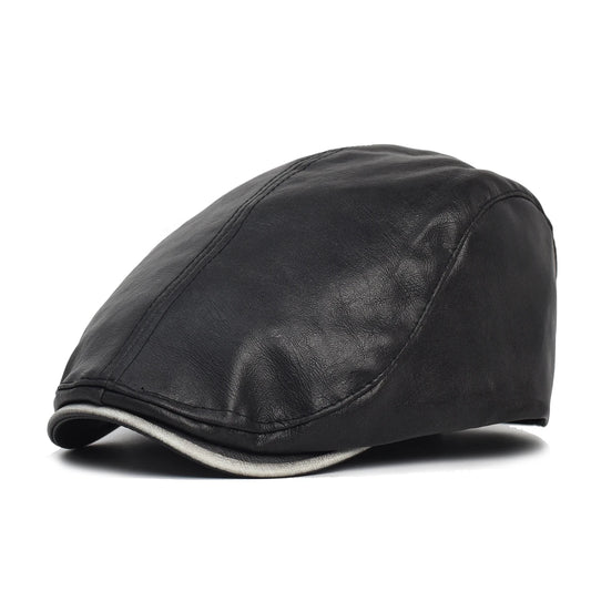 Casquette Plate Simili‑Cuir Noir Visière Grise