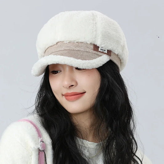 Casquette Gavroche Femme Fausse fourrure style laine de Mouton Blanc