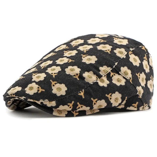 Casquette Plate Fleurie Noire en Coton