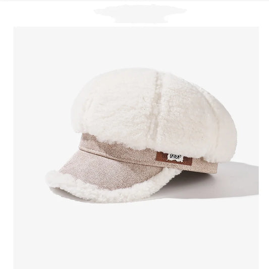 Casquette Gavroche Femme Fausse fourrure style laine de Mouton Blanc