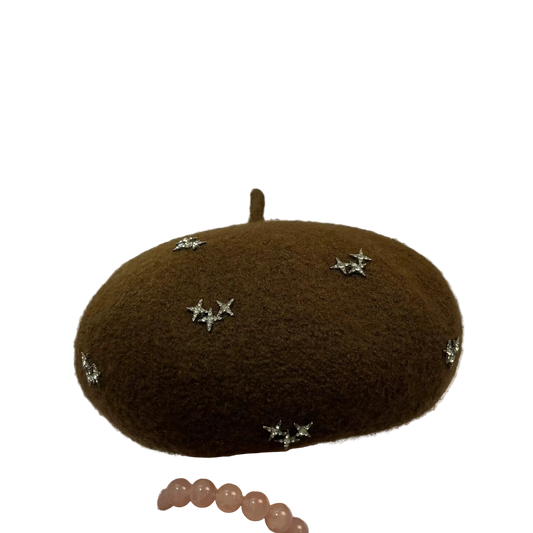Béret Femme Marron Chocolat aux Étoiles Strass